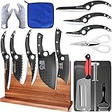 XYJ Kitchen Knives Set with Magnetic Knife Block, Cutting Board, Sharpener Rod, Scissors, Gloves, High Carbon Steel Blades, Bread Slicing Cleaver Vegetable Butcher Cooking Chef Knives