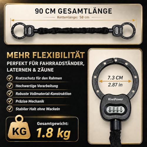 KiwiPower E Scooter Schloss mit Zahlenschloss, 90cm Kettenschloss mit Tasche, Handschellenschloss für E Roller & Fahrrad, Diebstahlschutz ohne Schlüssel