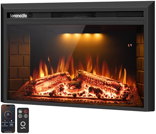 SereneLife Electric Fireplace Insert with Heater | Smart Wi-Fi App Control & Remote | 700W/1500W Adjustable Thermostat with Overheat Protection | 36"x21" Recessed or Wall Mount Design