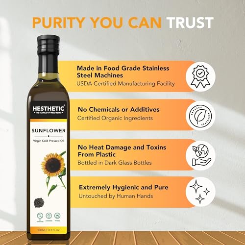 Image of HESTHETIC Premium Edible Cold Pressed Sunflower Oil, 100 ML, Rich in Healthy Fats, Ideal for Cooking, Frying and Salad Dressings, 100% Pure and Natural, Food Grade Virgin Oil, Glass Bottle
