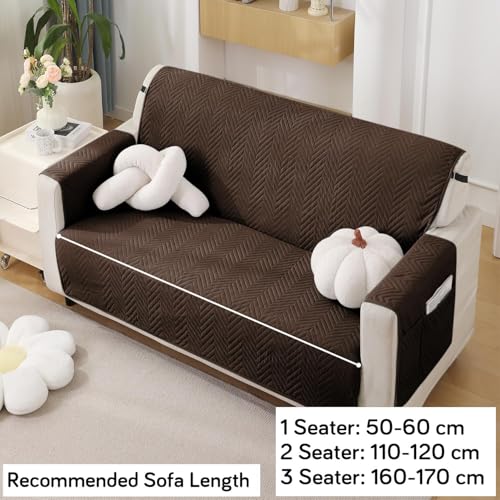 Image of HOKIPO Polyester Quilted 2 Seater Sofa Cover Mat with Pockets, Dark Coffee (NEW2-802-DCF)
