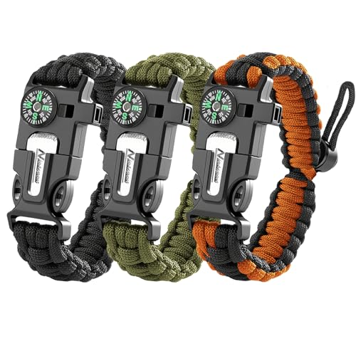 Paracord Survival Bracelet (3 Pack) - Adjustable with Fire Starter, Whistle, Compass - Survival Gear for Hiking, Camping, Fishing, Gifts for Men Dad Husband