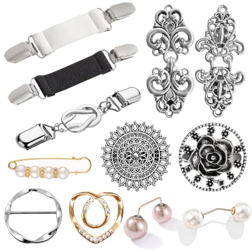 Image of 12-45PCS Scarf Ring Clip Pearl Brooch Pins - T-shirt Sweater Shawl Ties Clips Clothes Corner Knotted Button Fashion Metal Round Circle Shirt Clip Buckle Brooches for Women Girls Gift