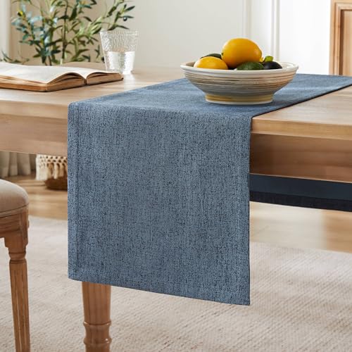 Image of ZeeMart Burlap Style Farmhouse Table Runners 90 Inches Long, Blue Rustic Woven Dining Table Runner for Everyday Use, 14x90 Inches, Blue