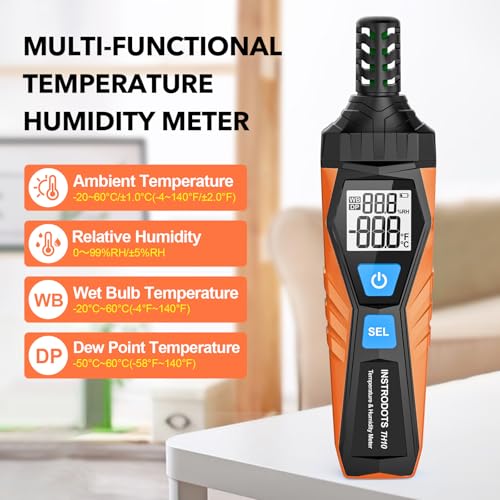 Image of Temperature Humidity Meter, High Precision Thermometer Hygrometer with Ambient, Dew Point, Wet Bulb Thermometer, Dual Display Temperature & Humidity with LCD Backlight, TH10