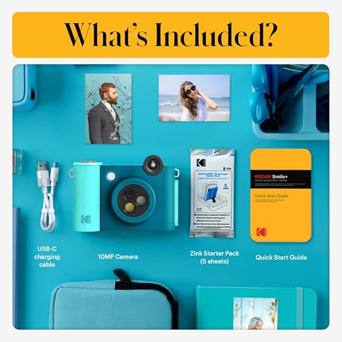 Image of Kodak Smile+ 2-in-1 Digital Instant Print Camera & Photo Printer Gift Bundle + Case + Zink 2x3 Sticky Back Photo Paper 20pk + Album + Sticker Sets + Sticker Frames + Hanging Frames + Markers - Blue