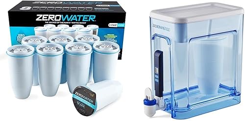 ZeroWater Filtro de repuesto oficial: sistema de filtración de agua de 5 etapas (paquete de 8) y dispensador de filtro de agua de 5 etapas listo