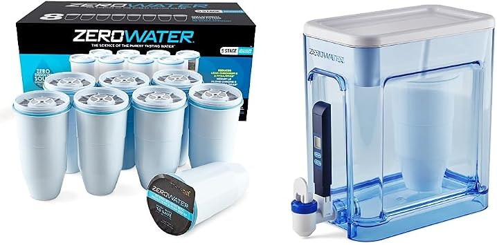 ZeroWater Official Replacement Filter - 5-Stage Water Filtration System 8-Pack and 22 Cup Ready-Read 5-Stage Water Filter Dispenser
