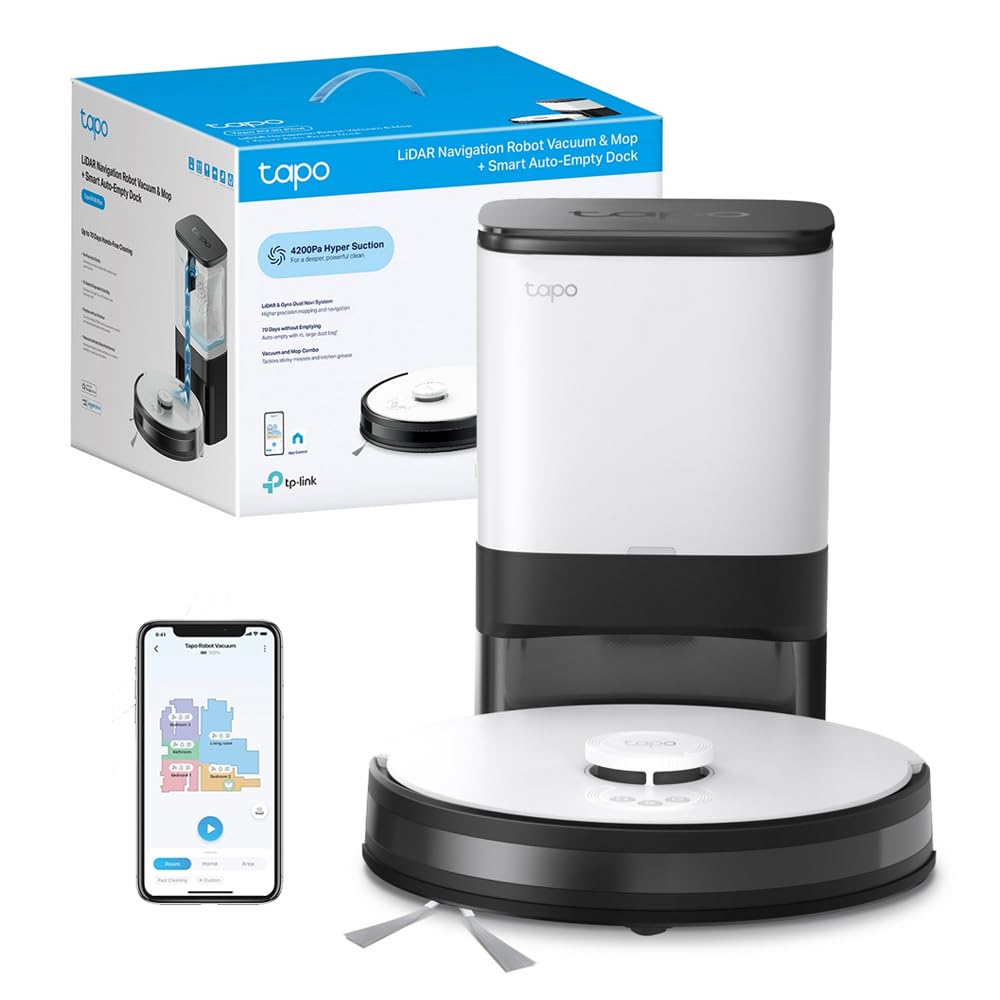 TP-link Tapo RV30 Plus, Robot Aspirapolvere Lavapavimenti, Aspirazione Potenza 4200Pa, Navigazione LiDAR, Mappatura Rapida, Batteria da 5000mAh, Dock di Svuotamento Intelligente, APP&Alexa&Google
