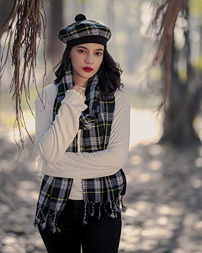 Image of Scottish Tam O' Shanter Hat Tartan Bonnet Pom Pom Wool Flat Cap One Size