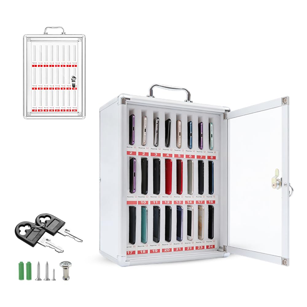 Armario de almacenamiento para teléfono móvil, 24 ranuras, caja de almacenamiento portátil, caja de teléfono móvil escolar con cerradura, aluminio para montaje en pared o escritorio, para aula