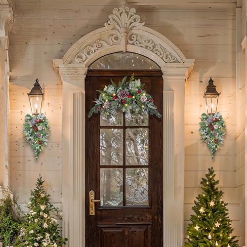 Valery Madelyn Pre-Lit Christmas Teardrop Swag for Decorating Outdoor, 24 Inch Red Brown Mailbox Swag Decoration with 20 LED Lights, Ball Ornaments for Front Door Stairway Window Shelf Xmas Decor by Valery Madelyn - Image 2