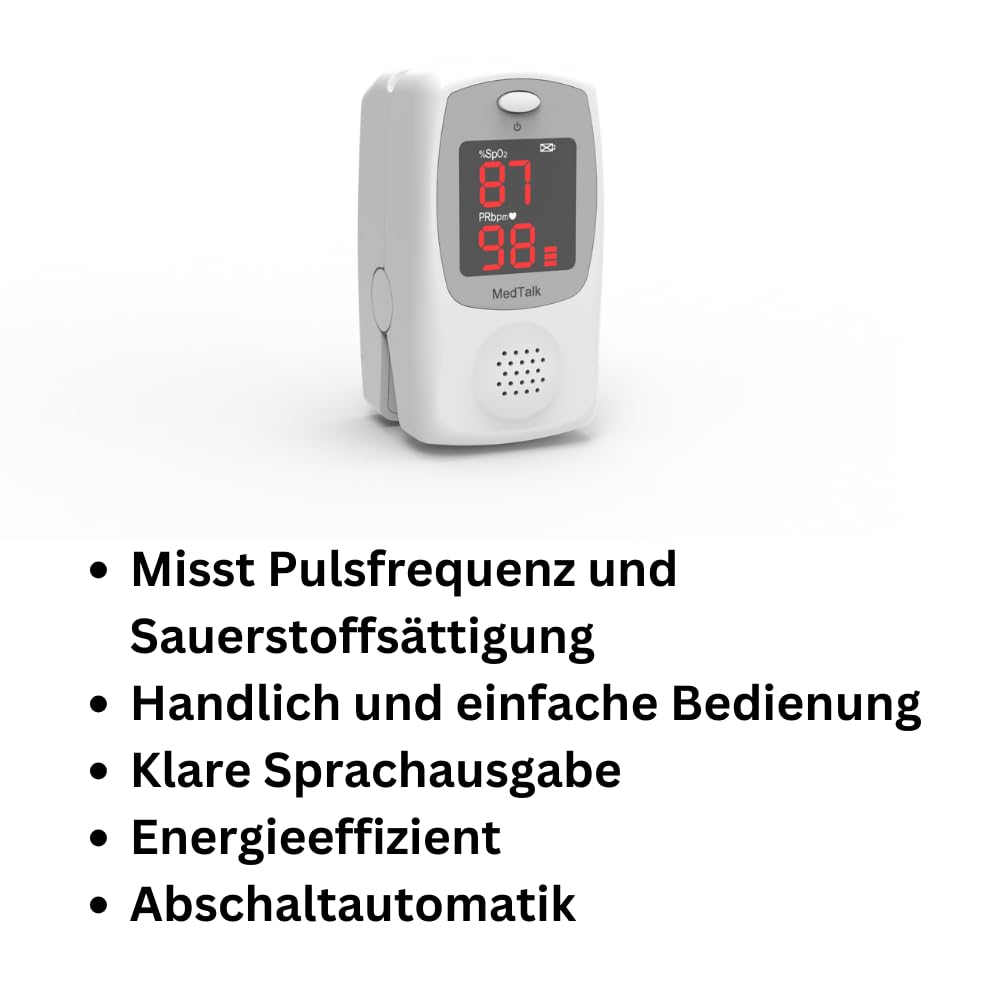 Deutsch sprechendes Pulsoximeter I 1336S I Für den Finger I Misst Pulsfrequenz und Sauerstoffsättigung I Einfache Bedienung I Abschaltautomatik