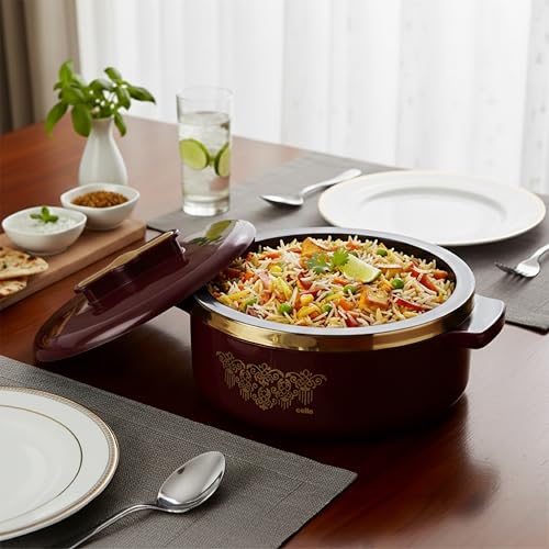 Image of CELLO Exotic 1000 Casserole Hot Pot Case for Daily Use 1000 ml, Brown | Double Wall PU Insulated Serving Hot & Warm Food Hot Pot Box | Stylish Airtight Kitchen Casserole Set for Roti Rice Biryani