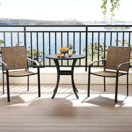 Image of Anmutig 3-Piece Outdoor Dining Set, Small Metal Bistro Table with 2 Stackable Sling Chairs, 27.5 x 27.5 Inch Round Table, Brown Fabric