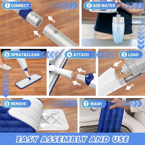 Image of HOMTOYOU Microfiber Flat Mop with Sprayer: Spray Mop with 4 Washable Pads | Cleaning Multi-Surface Floors, 1Pcs 400+ML Refillable Bottle, Wet Dry Use, 360 Swivel Head, White