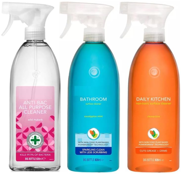 Natural Cleaning Set Kitchen Bathroom and All-Purpose Sprays 828ml Bottles Pack of 3