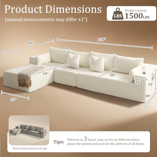 Image of 138 inch Cloud Sectional Couch, Comfort L Shaped Boneless Couch for Living Room, Extra Deep Seats No Assembly, Minimalist Modular Sofa, Corduroy (Cream, 3 Seater+Left Facing Chaise)