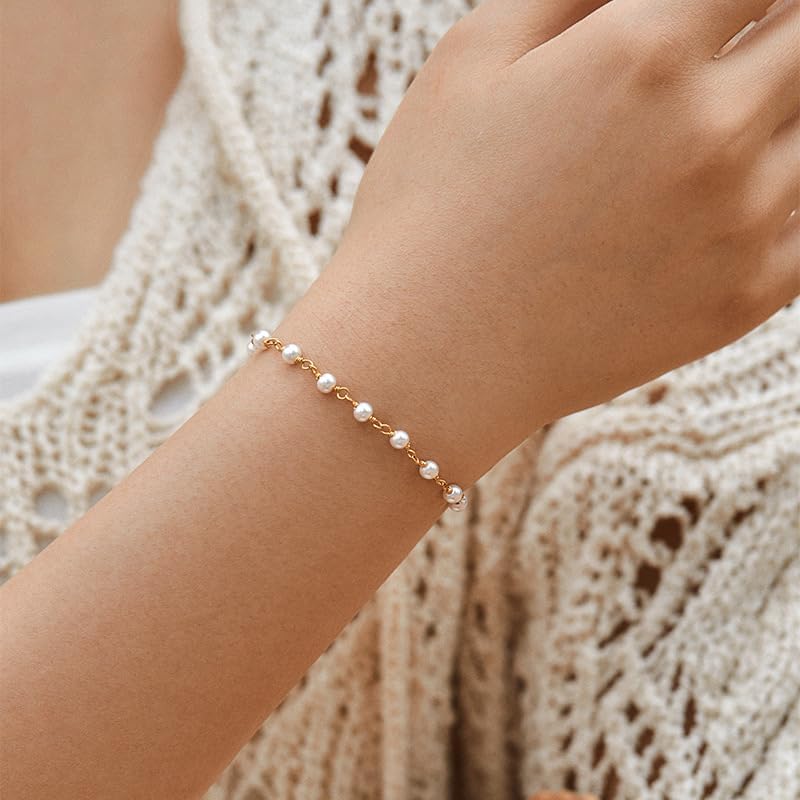 Gold Pearl Bracelet for Women, 18K Gold Plated Dainty Pearls Beaded Chain Bracelet Valentines Gift for Women - Image 2