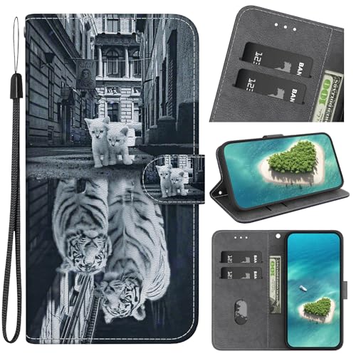 Cover per Huawei P10 LITE Custodia a Libro Portafoglio in Pelle con Porta Carte Magnetica Cover Flip Case Protettiva Completa Custodia per Huawei P10 LITE,Carino piccolo gatto specchio tigre