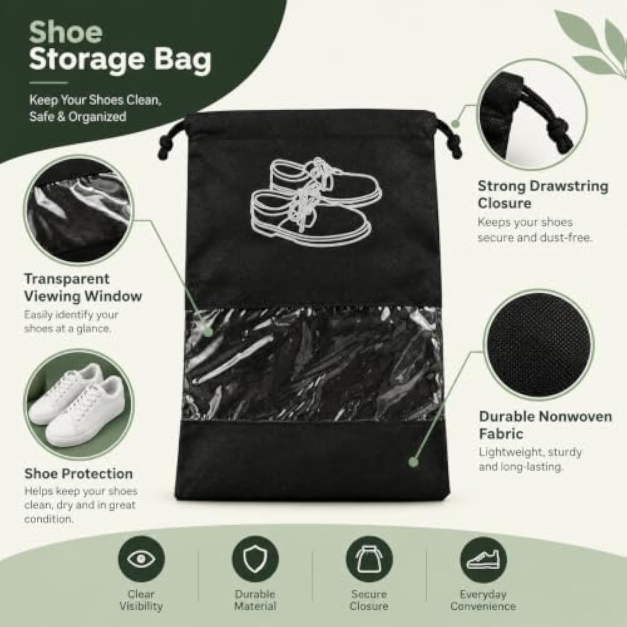 10 Pack Travel Shoe Bags with Clear Window