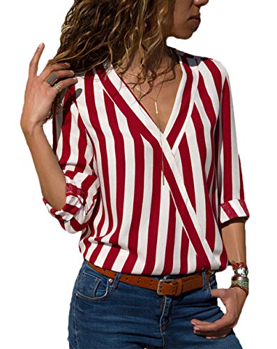 Blusas Mujer Primavera Otoño Rayas Camisas Vintage Moda Manga Larga Fiesta Camisas Casual Elegantes V-Cuello Tops Blusa (Color : Rojo, Size : XL)