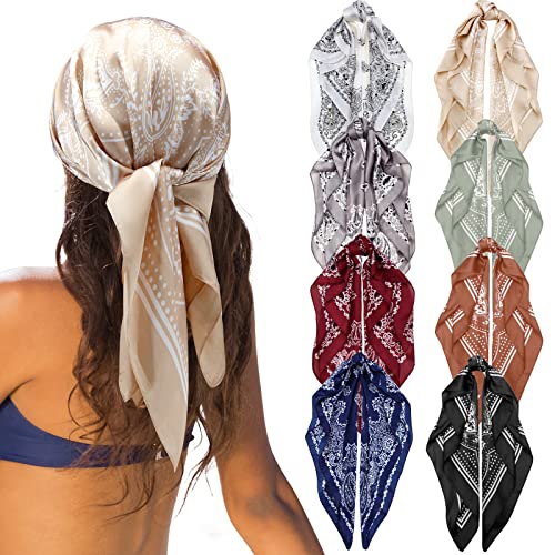 Zhanmai 8 Pcs 27.5 x 27.5 Inch Square Satin Head Scarves Women Silk Bandana Hair Scarves Hair Wrap Neck Scarf for Sleeping