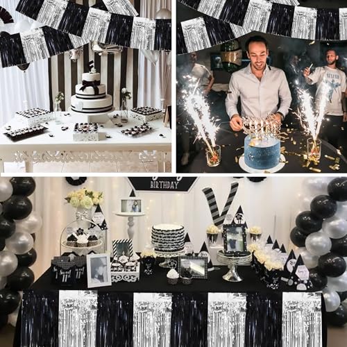 Image of BEISHIDA 3 Packs Metallic Foil Fringe Garland Black Silver Wall Hanging Tinsel Fringe Banners for Car Floats Bridal Shower Wedding Birthday Easter Graduation Holiday Party Decoration(30 Feet)