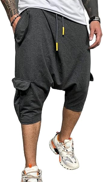 Familyhouse 3/4 Mens Hippie Pants Drop Crotch Harem Pants Genie Pants Mens Capri Cotton Baggy Shorts Wide Leg Trousers