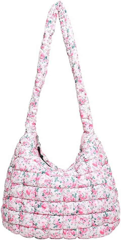 Women Quilted Puffer Bubble Tote Bag Large Hobo Handbag Shoulder Bag (Pink)