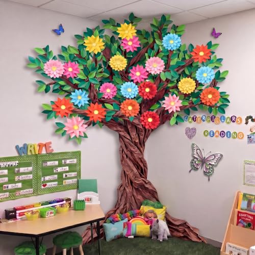 Yalikop 189 Pcs 3D Classroom Tree Bulletin Board Set DIY Cardboard Blooming Tree with Paper Flowers Leaves Kraft Craft Bulletin Board Wall Educational Welcome Class Decor for First Day School Decor