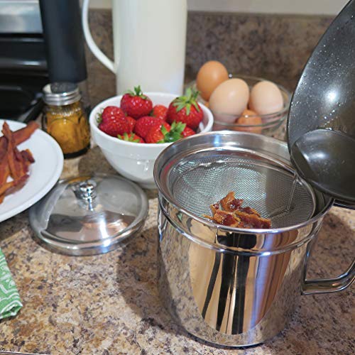 Evelots Bacon Grease Container With Fine Mesh Strainer-Large 5-Cups Stainless Cooking Oil Can For Kitchen Fat Storage With Easy-Grip Handle #TOP1
