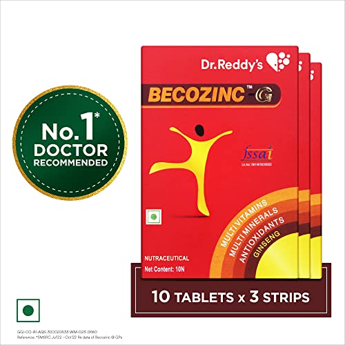Dr. Reddy’s Becozinc G Multivitamin for Men & Women | Immunity Booster Rich in Vitamin C, Vitamin B12, Vitamin D3, Zinc & Folic Acid | (10 Tablets X 3) Dr. Reddy’s Becozinc G Multivitamin for Men & Women | Immunity Booster Rich in Vitamin C, Vitamin B12, Vitamin D3, Zinc & Folic Acid | (10 Tablets X 3)