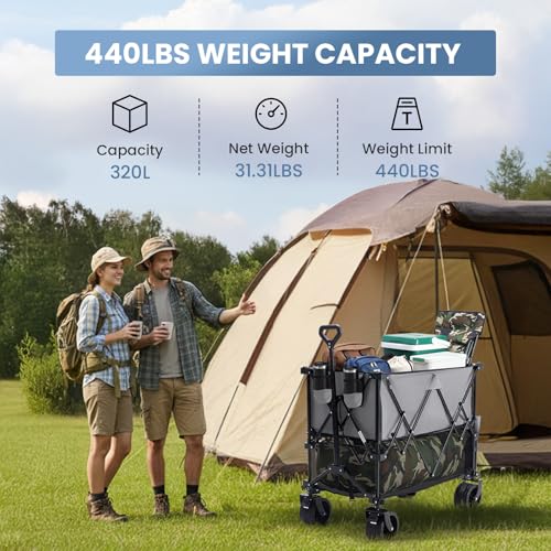 NEWBULIG Large Capacity Folding Double Decker Wagon with Brakes, 440lbs Wagons Carts Foldable Wagon Cart with Flexible Handle, All-Terrain Big Wheels for Grocery Sports Garden Camping