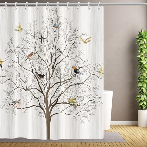 Yeele Birds Shower Curtain, Cute Animals Bird Tree Boho Beige Waterproof Fabric Shower Curtain Set Farmhouse Funny Bathroom Decor with Hooks, 60x72in