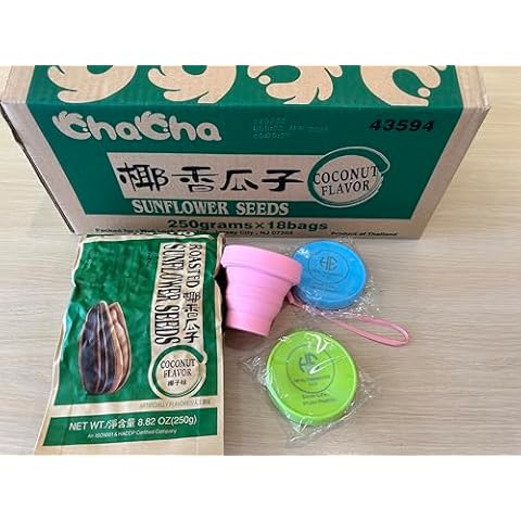 ChaCha Sunflower Seeds Coconut flavor (pack of 18) and 3 HealthEmpire Silicone Foldable Storage Shell Cup Cover