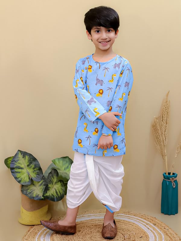 Image of superminis Boys Dhoti Kurta Set Cotton Animal Print Full Sleeves Ethnic Wear for Kids Boys | Kurta Dhoti for Baby Boy 0-3 Months to 8 Years | Traditional Dress for Festive