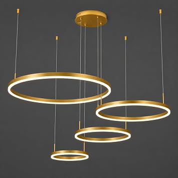 Modern Gold Ring Chandelier, 4-Ring LED Pendant Light with Remote, Dimmable 3000K-6500K, Adjustable Height Circular Hanging Light Fixture for Living Room, Dining Room, Staircase