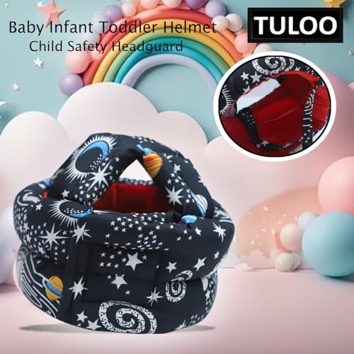 Image of TULOO Baby Infant Toddler Helmet No Bump Safety Head Cushion Bumper Bonnet Adjustable Protective Printed Cap Child Safety Headguard for Running Walking Crawling Safety Helmet (Black with Knee Pad)