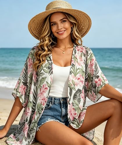 Image of FINOCEANS Womens Floral Chiffon Kimono Cardigans Loose Beach Cover Up Half Sleeve Tops