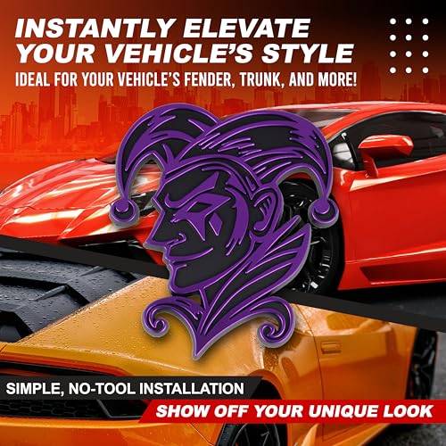Image of Joker Emblem 3D Jester Badge - Custom Car Decal Sticker for Car, Truck, SUV - Durable Exterior Trunk, Hood, Fender (Set of 2) (Purple)