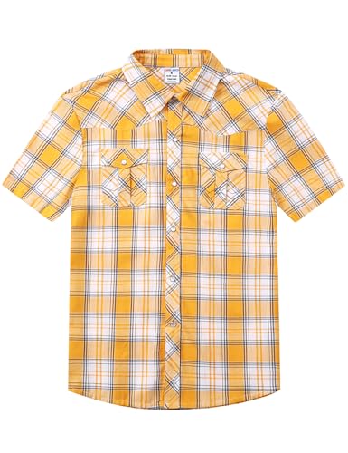 Image of COSLAND Boy's Toddler Cotton Western Short Sleeve Button Down Plaid Shirt, 4-14 Years