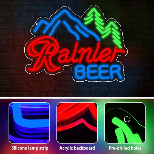 Image of Beer Neon Sign for Wall Decor Bar Led Neon Light Rainiier Beer Light up Sign for Man Cave Led Neon Sign for Bedroom,Bar,Pub,Bistro,Shop,Party,Gifts USB Powered Size16.1 * 11.5in(ZYLD180)