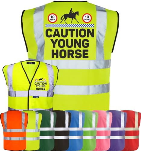 Image of Corporate Togs Equine Hi-Vis CAUTION YOUNG HORSE Equestrian Waistcoat - Safety Vest Tabard, Fastening Vest, British Standard CE Marked | Safety Apparel