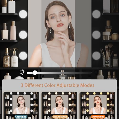 Image of Makeup Vanity Desk with Mirror and Lights, 57 inch Fluted Vanity Dresser Combo & Storage Shelves, Vanity Mirror with Mirror and Lights with 8 Drawers, 3 Color Modes, Dressing Table Set for Girls, Black