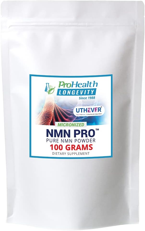 Pure NMN Pro 100 Grams Bulk Powder: 99+% Certified Ultra Pure, Stabilized Pharmaceutical Grade NMN (Nicotinamide Mononucleotide) to Boost NAD+. ProHealth Longevity Featuring Uthever Brand NMN