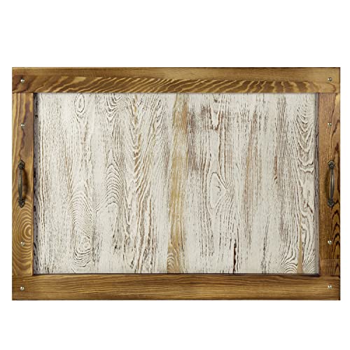 Mygift 30 Inch Wood Stove Tray, Solid Burnt Brown And Whitewashed Noodle Board Wooden Stove-Top Cover, Oversized Large Serving Tray With Vintage Metal Handles #TOP4