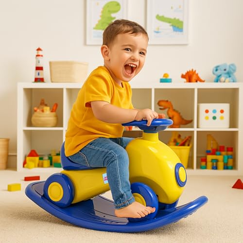 Image of Amazon Brand - Jam & Honey 3-in-1 Ride-On Rocker for Kids | Rocker & Ride-On Toy | Balance Board | Smooth Rounded Edges | Steering Wheel| Indoor Toy | for 18+ Months (Yellow & Blue)