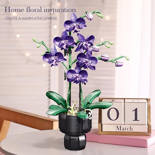 ILIEMOC Purple Orchid Flower Building Blocks Set – 666 PCS DIY Artificial Flower Kit for Elegant Home Decor, Table Display, Compatible with Lego Flowers, Artistic Gift for Ages 6+