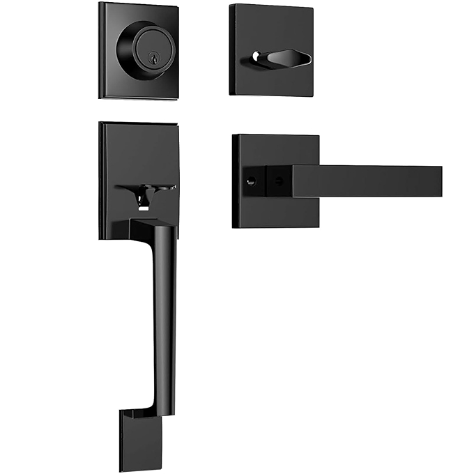 黑色前门把手套装，入户门把手及死锁套装，适用于左右手使用，带钥匙